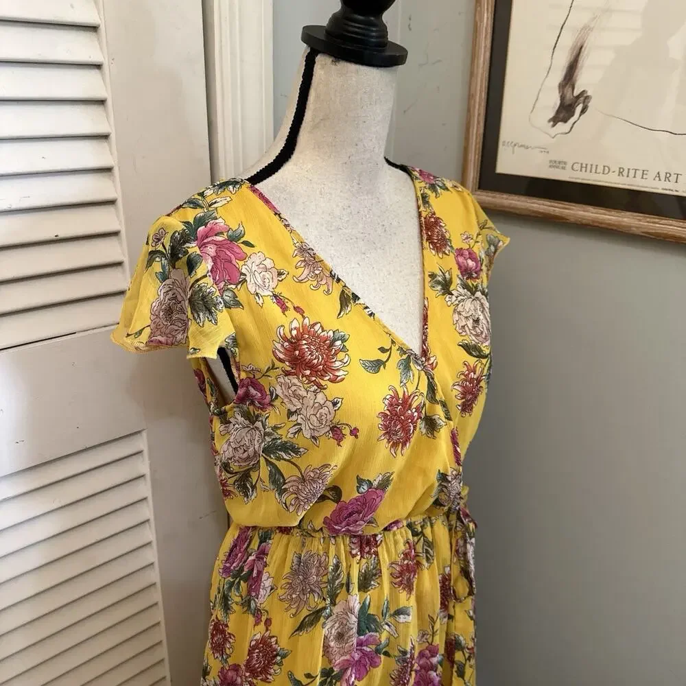 Band of Gypsies Dress Medium Yellow Floral Maxi Faux Wrap Garden Party Fairy - Picture 5 of 12